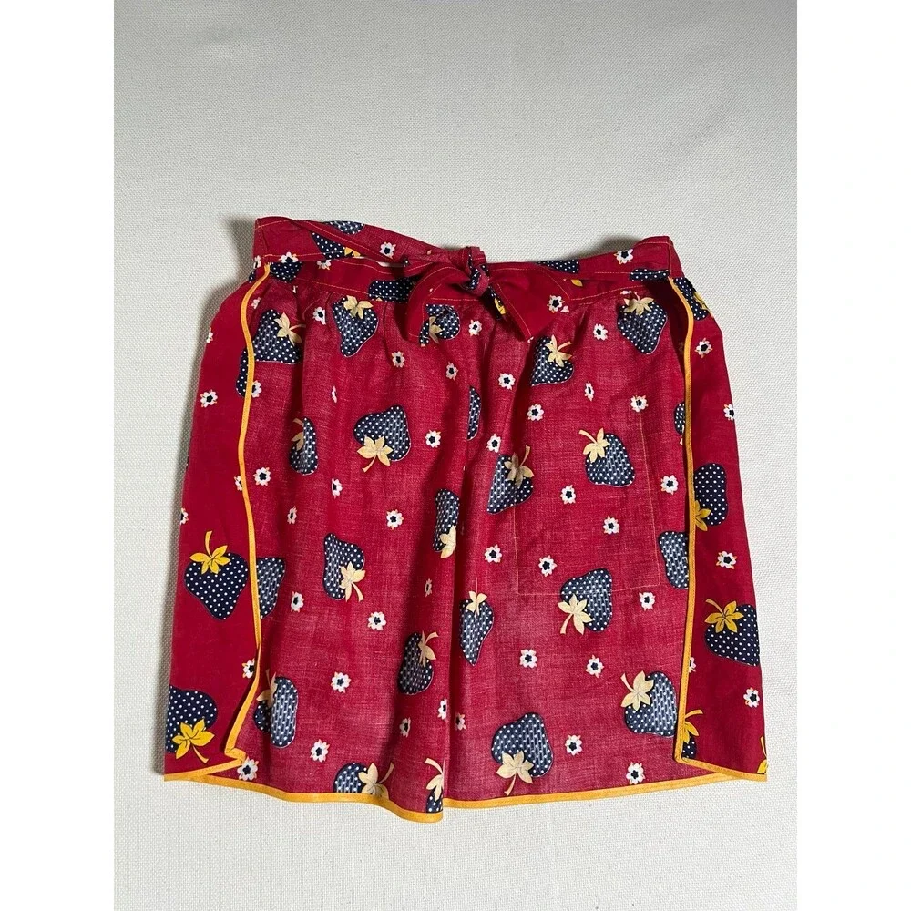 Vintage Red Half Apron with a Strawberry Pattern - Red - One Size Fits Most